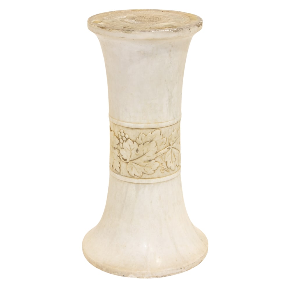 An Italian alabaster pedestal: An Italian alabaster pedestal, early 20th century, encircled by band of grapevines, 18"h x 10"d (base); 8"dia (top)