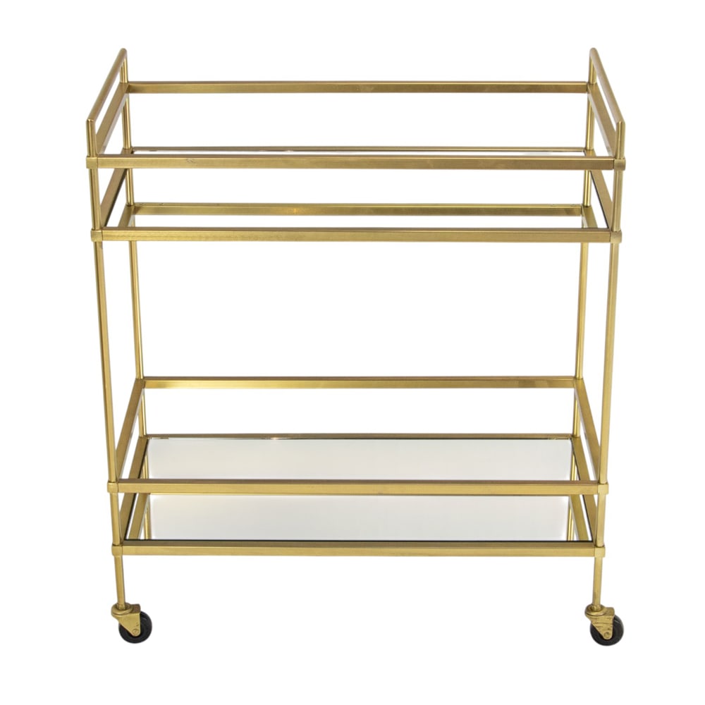A contemporary bar cart: A contemporary bar cart, with brushed brass frame supporting mirrored tiers, and resting on casters, 32"h x 27.5"w x 14"d