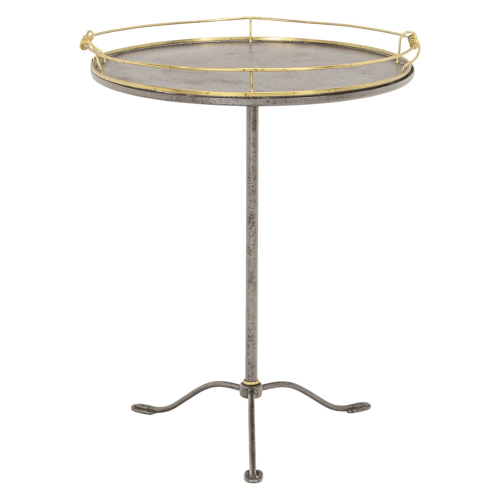 A contemporary tray table: A contemporary tray table, on stand, the fitted removable tray with a brass gallery, resting on the metal base resting on a tripod base, 28"h x 22"dia (with tray); 26"h x 21.5"dia (stand)