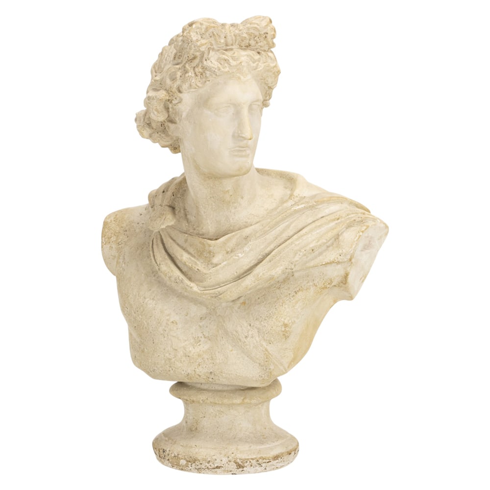 A Neoclassical style cast plaster bust of the Apollo Belvedere: A Neoclassical style cast plaster bust of the Apollo Belvedere, 23"h x 15.5"w. Property of a private collection, Presidio Heights, San Francisco