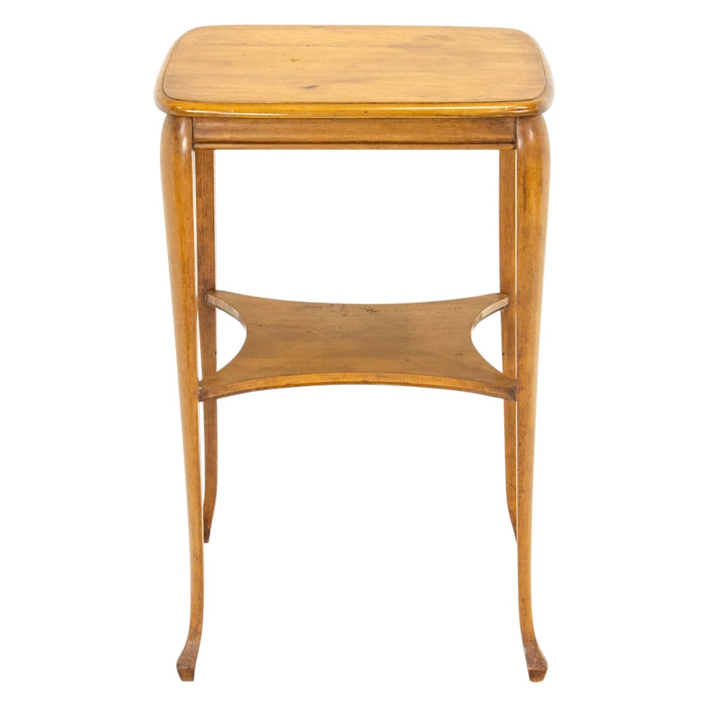 An Art Nouveau side table: An Art Nouveau side table, the sinuous legs conjoined by the central tier, 30"h x 18.5"sq. Property of a private collection, Presidio Heights, San Francisco