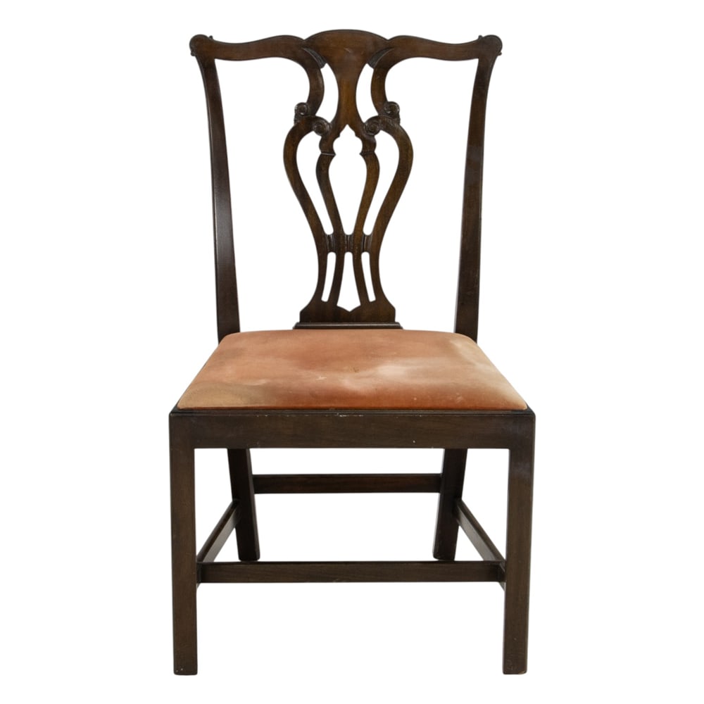 A Georgian style side chair: A Georgian style side chair, with a pierced splat, pink velvet drop in seat, and a square chamfered legs, 37.5"h x 22"w x 22"d (overall); 19"h x 17"d (seat). Property of a private collection,
