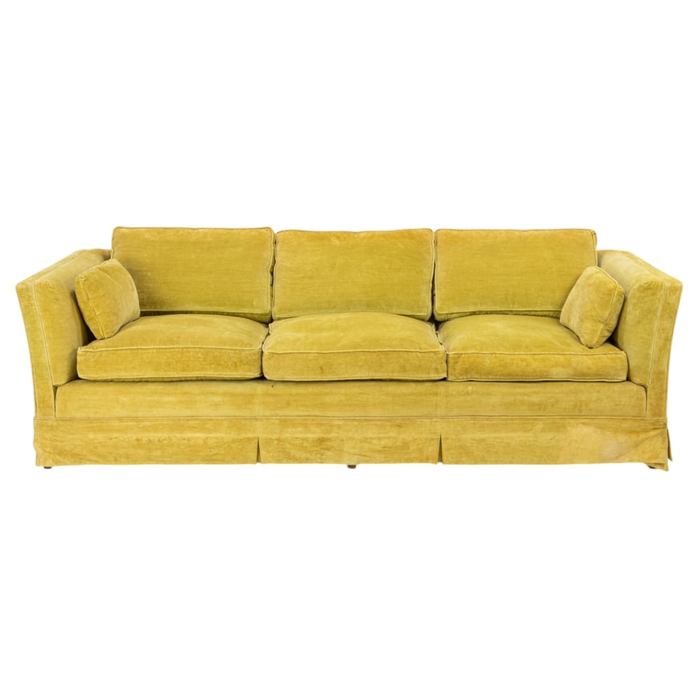 A vintage chartreuse velour upholstered three-seat tuxedo sofa (1 of 4)