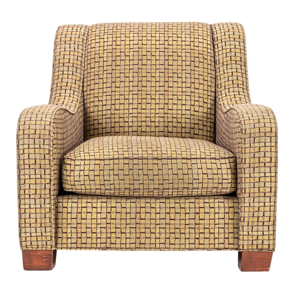 A large contemporary lounge chair: A large contemporary lounge chair, upholstered in windowpane check pattern, 33"h x 35"w x 37"d (overall); 18"h x 23.5"d (seat)