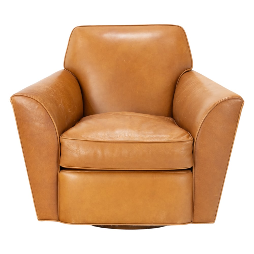 An Art Deco style leather swivel club chair: An Art Deco style leather swivel club chair, 32"h x 39"w x 37.5"d (overall); 19"h x 23.5"d (seat)