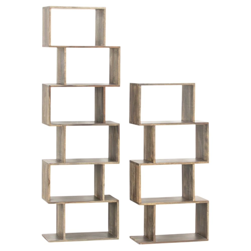 A contemporary of geometric display cabinet group: A contemporary of geometric display cabinet group, each with a stacked rectangular section, 70"h x 21.5"w x 12"d (greatest); 48"h x 21.5"w x 12"d (smallest)