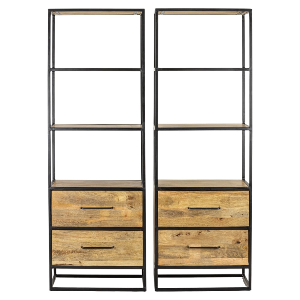 A pair of Industrial style book shelves: A pair of Industrial style book shelves, each with a coated metal frame and two drawers, 69"h x 24"w x 15.5"d