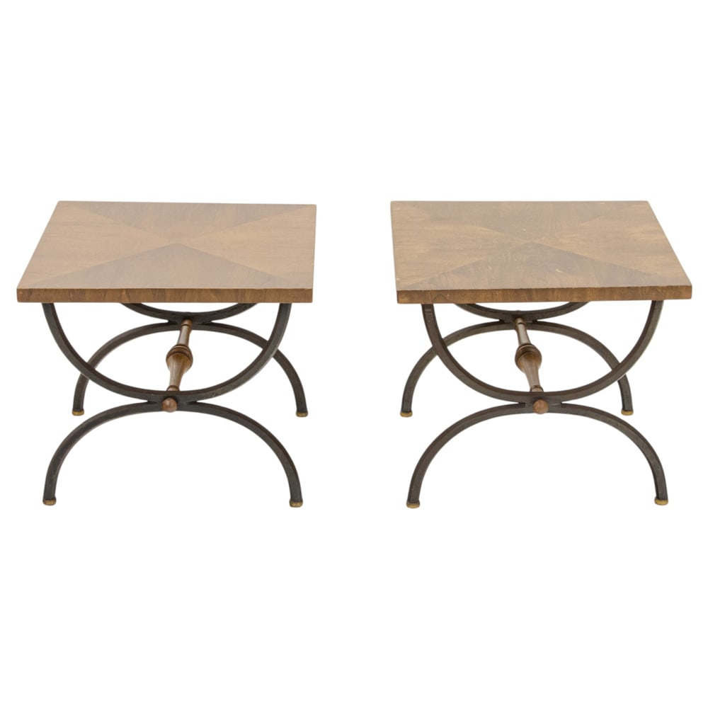 A pair of Campaign style walnut and iron low side tables: A pair of Campaign style walnut and iron low side tables, Tomilson Furniture, 16.5"h x 19"sq