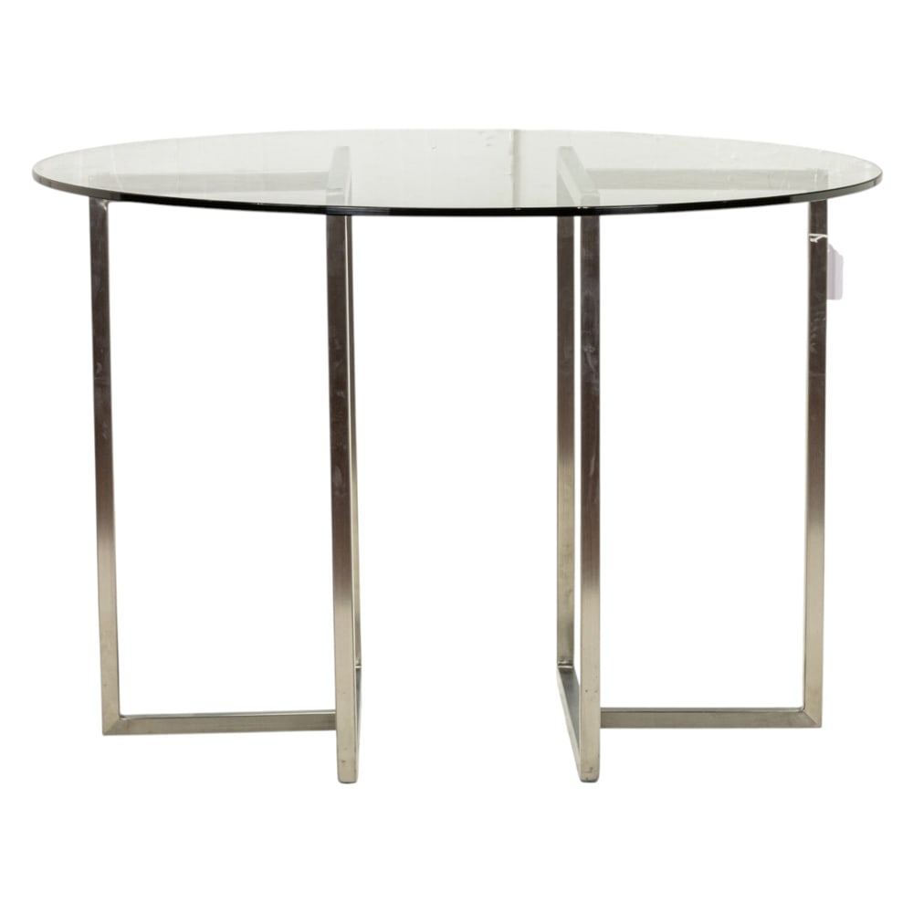 A modern round glass top table: A modern round glass top table, raised on double T-shaped brushed metal supports, 30"h x 43.5"dia
