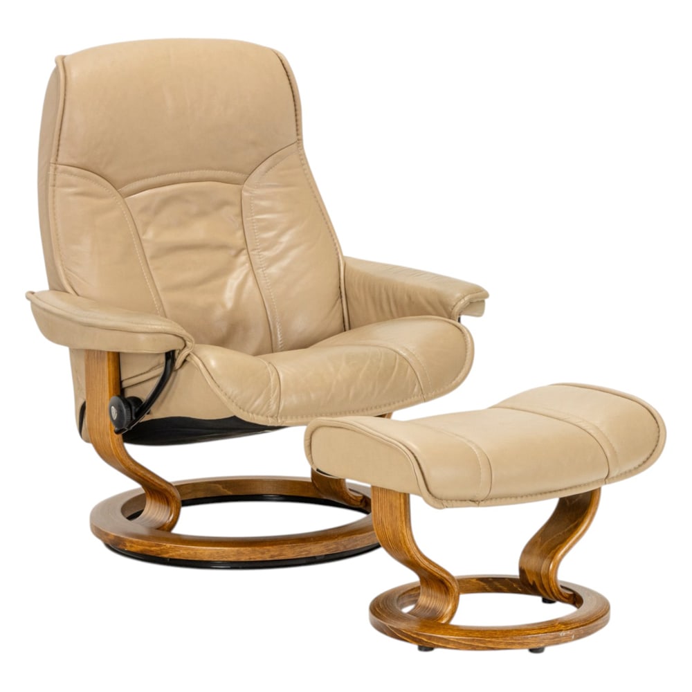 A Stressless Consul chair with ottoman: A Stressless Consul chair with ottoman, reclining chair: 39.5"h x 33.5"w x 29.5"d (overall); 17.5"h x 20.5"d (seat); ottoman 15.5"h x 21"w x 15"d