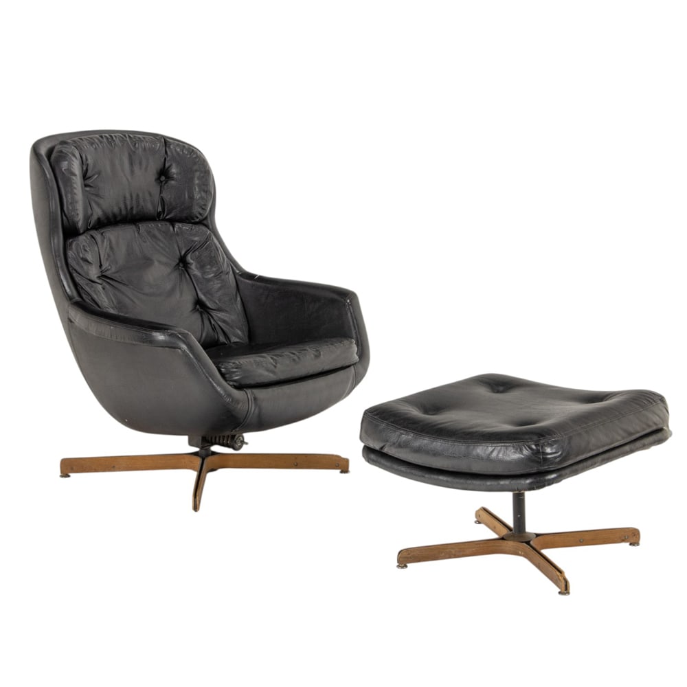 A Selig Mid-Century leather upholstered lounge chair with ottoman: A Selig Mid-Century leather upholstered lounge chair with ottoman, retains label to underside, chair: 22"h x 31.5"w x 35"d (overall); 16"h x 19.5"d; ottoman 15"h x 23"sq