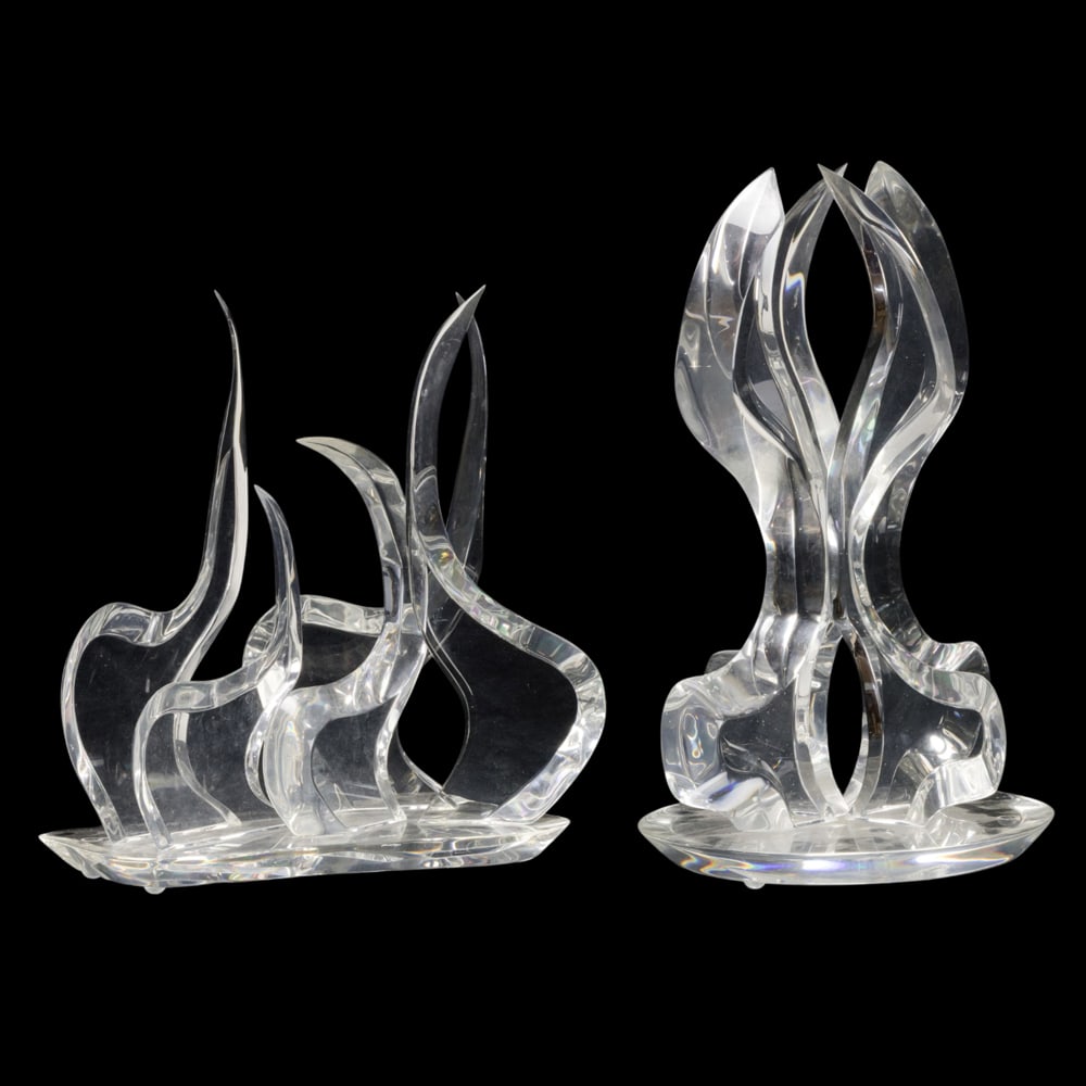 Two Hivo Van Teal lucite sculptures: Two Hivo Van Teal lucite sculptures, circa 1980, each signed 'Van Teal', the first titled 'Flames Four', 18"h x 11"dia; the second titled 'Flames Five', 15.5"h x 13"w x 8"d