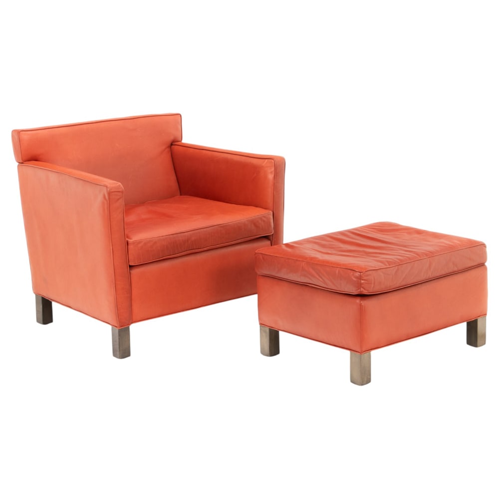 A Knoll Studio Krefeld lounge chair: A Knoll Studio Krefeld lounge chair , after an original design by Ludwig Mies van der Rohe in1929 for the Esters House in Krefeld, Germany, with ottoman and original upholstery, labeled underside,