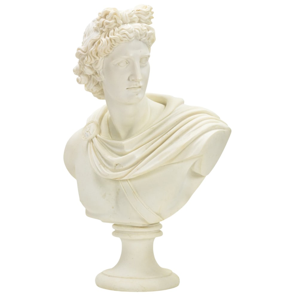 A Grand Tour style cast stone bust of the Apollo Belvedere: A Grand Tour style cast stone bust of the Apollo Belvedere, after the antique, unmarked, 21"h x 14"w