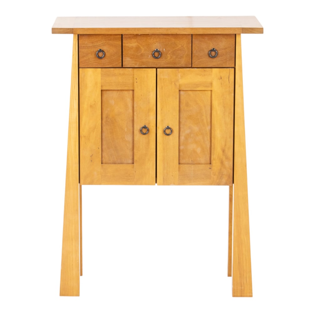 A contemporary side cabinet in the Asian taste: A contemporary side cabinet in the Asian taste, with a rectangular top and rising on flared legs, 32"h x 24"w x 12"d
