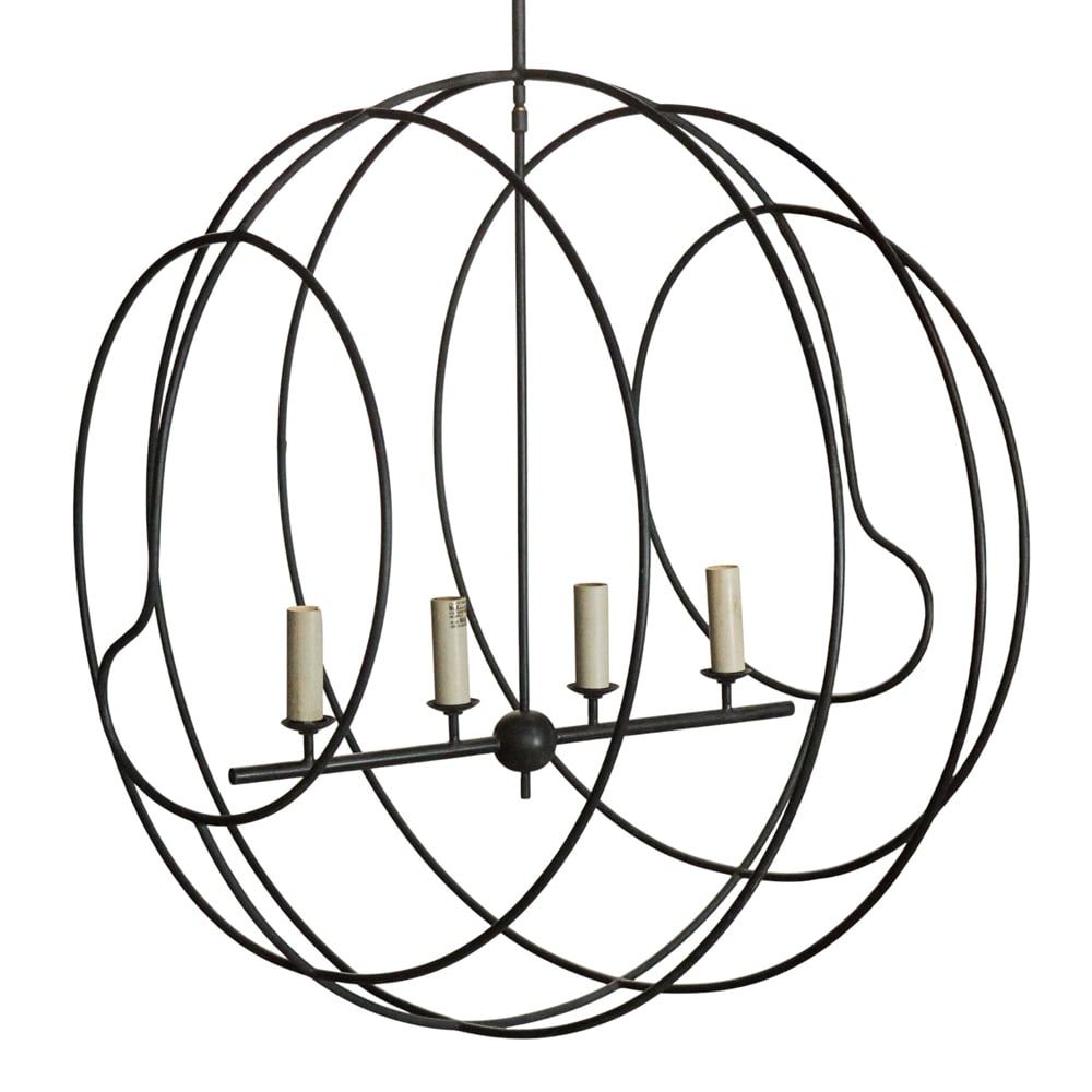 A Currey & Co. four-light wrought iron orb chandelier: A Currey & Co. four-light wrought iron orb chandelier, marked to ceiling cap, greatest 40.5"h x 33"dia