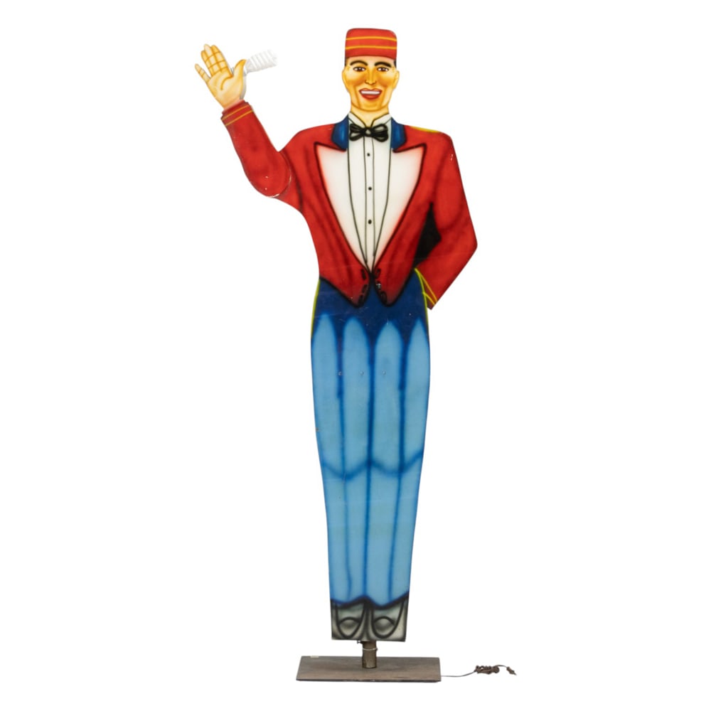 A National Animated Sign Co articulated and illuminated bellhop sign: A National Animated Sign Co articulated and illuminated bellhop sign, mid-20th century, the standing figure with waving arm depicted on obverse and reverse, applied factory tag, serial SN-1073-A,