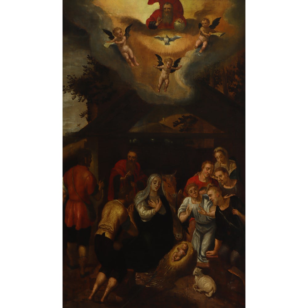 Painting, Flemish School (18th/19th century): Flemish School (18th/19th century), Christ in the Manger, oil on panel, panel: 23"h x 14.5"w, overall (with frame): 29"h x 20.5"w