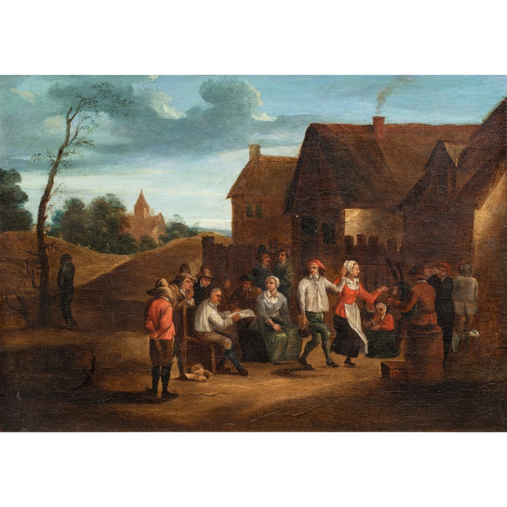 Painting, Follower of David Teniers the Younger: Follower of David Teniers the Younger (Flemish, 1610-1690), Village Revelry, oil on canvas, canvas: 15"h x 21"w, overall (with frame): 19"h x 21.5"w