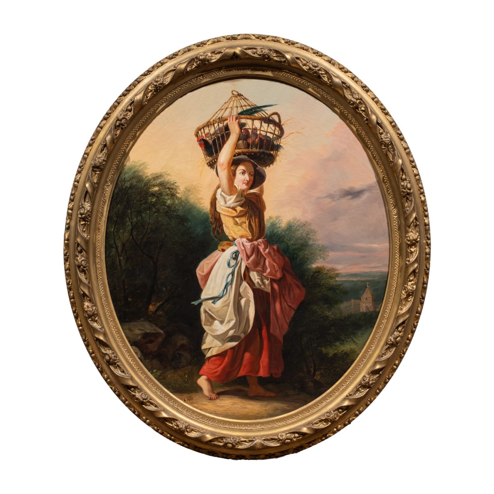 Painting, Continental School (19th century): Continental School (19th century), Young Woman Carrying a Basket of Hens, oil on canvas, signed indistinctly with monogram and dated lower left, canvas (oval): 30"h x 24"w, overall (with oval frame): 