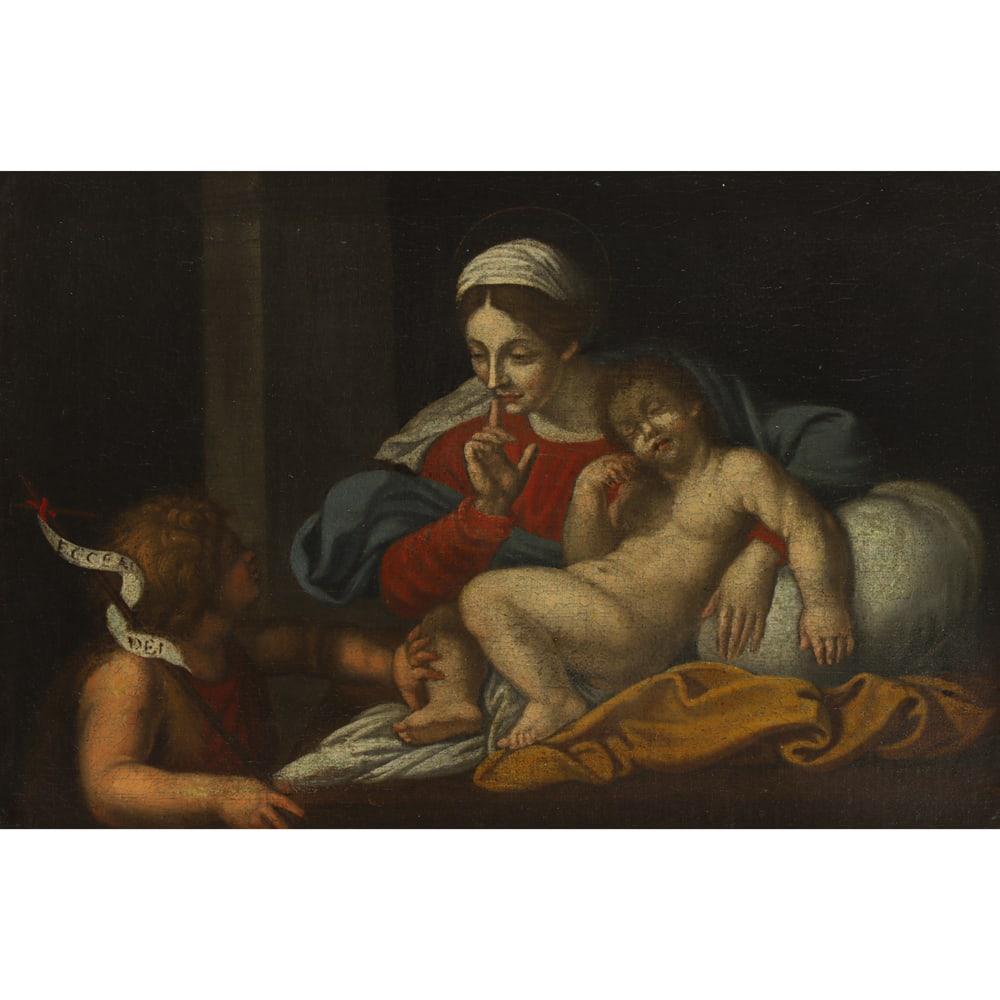 Painting, After Annibale Carracci: After Annibale Carracci (Italian, 1560-1609), "Madonna of Silence" (The Madonna and Sleeping Child with the Infant St. John the Baptist/Il Silenzio), oil on paper affixed to canvas, canvas: 16"h x