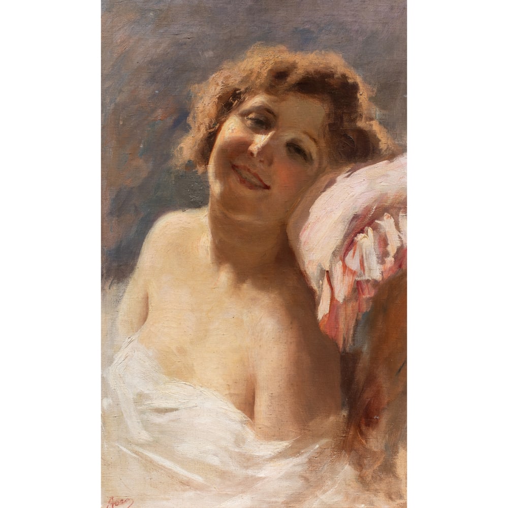 Painting, Attilio Toro: Attilio Toro (Italian, 1892-1982), Young Woman in White, oil on canvas affixed to board, signed lower left, board: 24"h x 15"w, overall (with frame): 27.25"h x 18.25"w