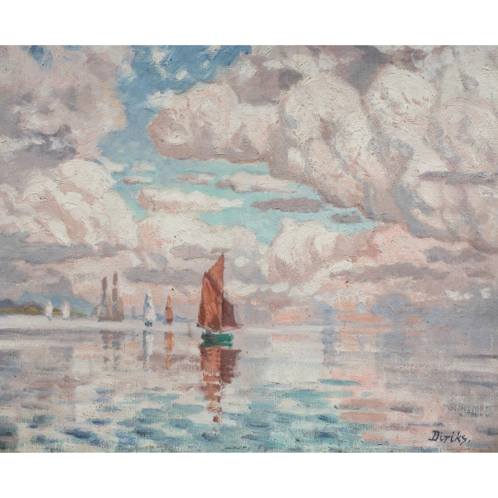 Painting, Edvard Karl Diriks: Edvard Karl Diriks (Norwegian, 1855-1930), Untitled (Sailing Under Clouds), oil on canvas, signed lower right, canvas: 18"h x 21.5"w, overall (with frame): 21.75"h x 25.5"w