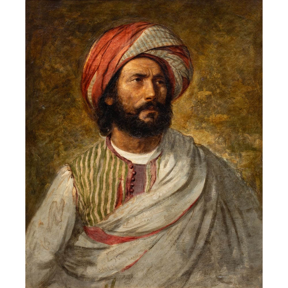 Painting, British School (19th century): British School (19th century), Orientalist Portrait of a Man, oil on canvas, canvas: 32"h x 27"w, overall (with frame): 39"h x 34"w