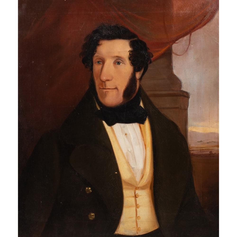 Painting, British School (19th century): British School (19th century), "Portrait of Mr. John Willams, Age 30," oil on canvas, unsigned, inscribed "Mr. Saunders, London" to label verso, canvas: 30"h x 25"w, overall (with frame): 37.5"h x 32.