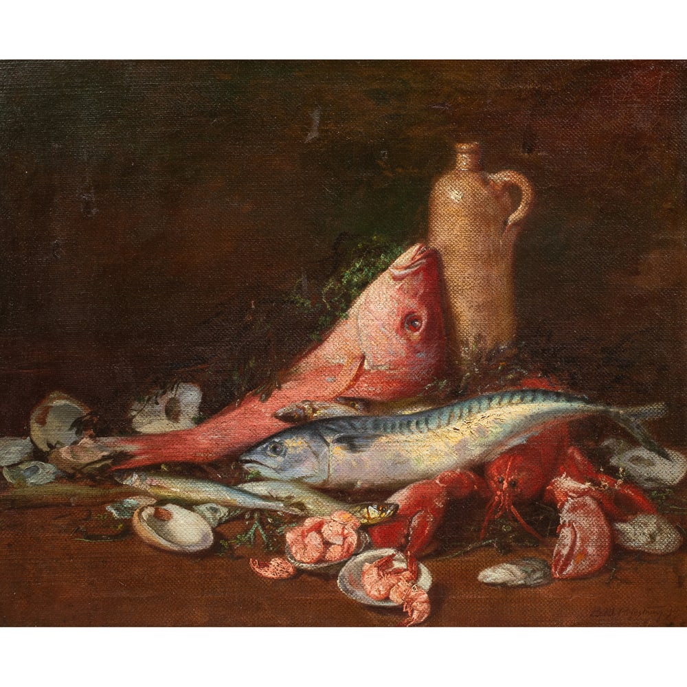 Painting, Bertram Walker Priestman: Bertram Walker Priestman (British, 1868-1951), Still Life With Fish, 1894, oil on canvas, signed and dated lower right, canvas: 24"h x 28.5"w, overall (with frame): 32"h x 37"w
