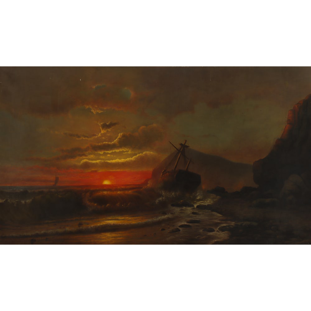 Painting, Maud Wanamaker: Maud Wanamaker (American, 20th century), Shipwreck, oil on canvas, signed lower left, canvas (unframed): 24.5"h x 42.25"w