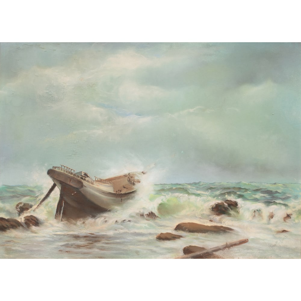 Work on Paper, Minnie M. Birch: Minnie M. Birch (American, 20th century), Shipwreck, pastel on paper, signed lower right, sight: 19.5"h x 26.25"w, overall (with frame): 23.25"h x 30.25"w