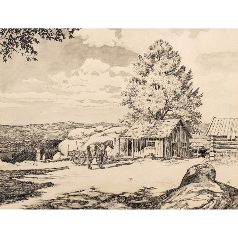 Work on paper, Buck Nimy: Buck Nimy (American, 1906-1959), Untitled (Cabin Out West), ink on paper, signed lower right, sight: 14"h x 18"w, overall (with frame): 22"h x 24.75"w