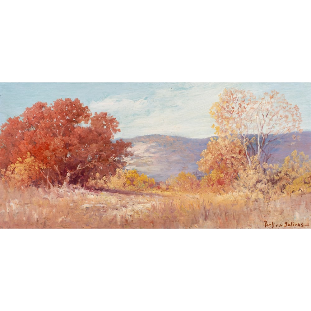 Painting, Porfirio Salinas: Porfirio Salinas (American, 1910-1973), Texas Autumn, oil on board, signed lower right, board: 12"h x 24"w, overall (with frame): 17.5"h x 29.5"w