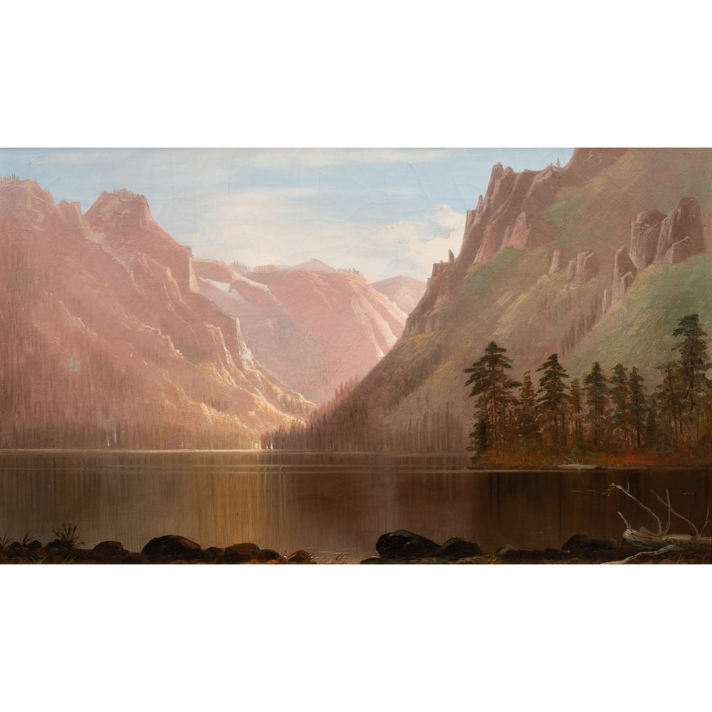 Painting, Edwin Deakin: Edwin Deakin (American, 1838-1923), Untitled (Lake in the Sierra Nevada Mountains), oil on canvas, signed lower right, canvas: 18"h x 30"w, overall (with frame): 22.5"h x 34.5"w