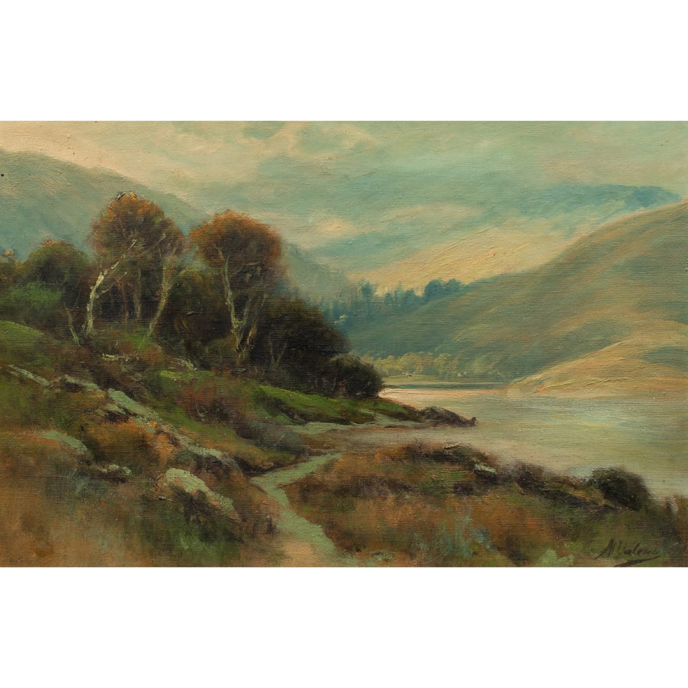 Painting, Manuel Valencia: Manuel Valencia (American, 1856-1935), Trees along the Water's Edge, oil on canvas, signed lower right, canvas: 16"h x 24"w, overall (with frame): 21.5"h x 29.75"w