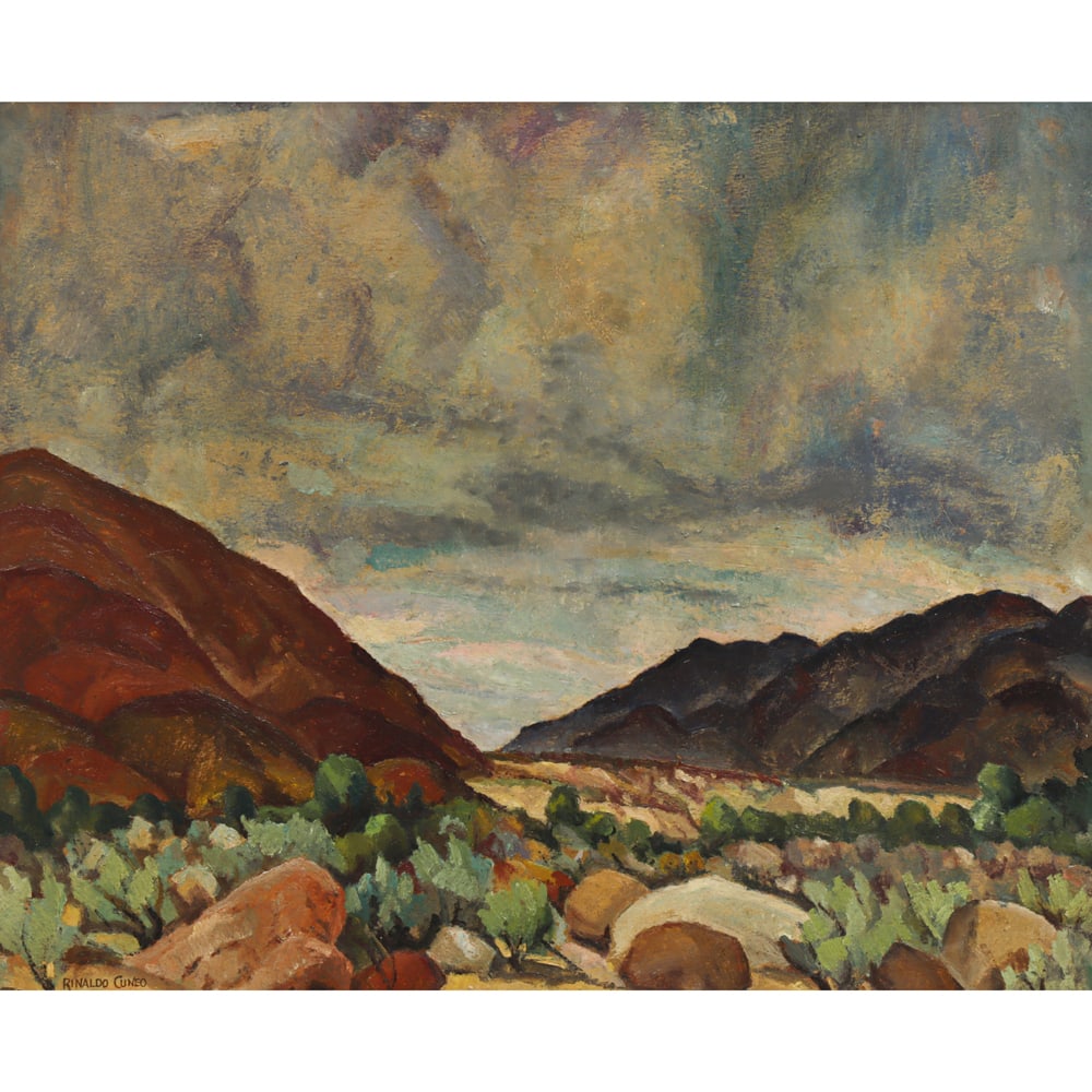 Painting, Rinaldo Cuneo: Rinaldo Cuneo (American, 1877-1939), Untitled (Desert Landscape), oil on board, signed lower left, board: 20"h x 24"w, overall (with frame): 27.25"h x 31.25"w