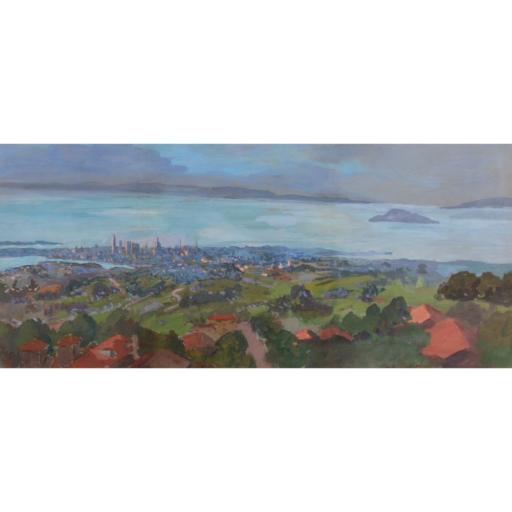 Painting, Mary DeNeale Morgan: Mary DeNeale Morgan (American, 1868-1948), View of Oakland Skyline, circa 1925, gouache, signed lower right, sight: 14"h x 31"w, overall (with frame): 23.5"h x 40.5"w