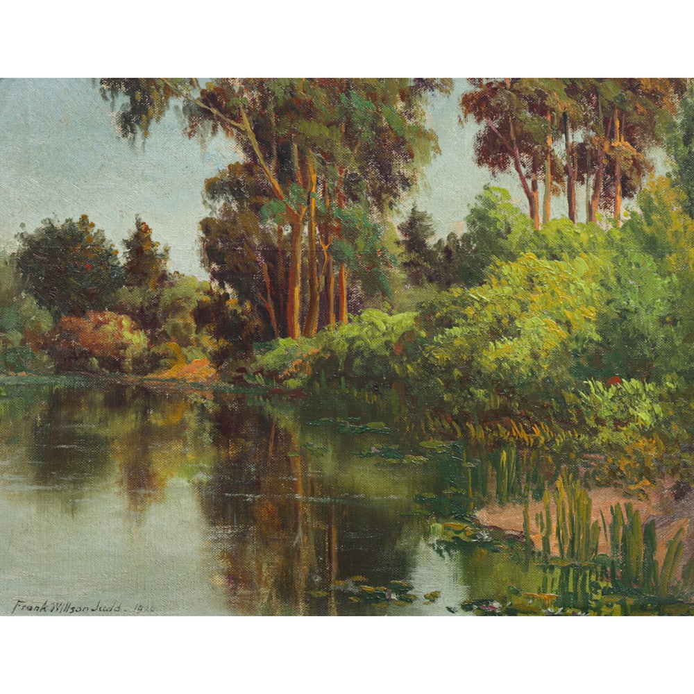 Painting, Frank Wilson Judd: Frank Wilson Judd (American, 1864-1940), "Chain of Lakes, Golden Gate Park," 1920, oil on canvas, signed and dated lower left and signed, titled and dated indistinctly vero, canvas: 11"h x 14"w, overa