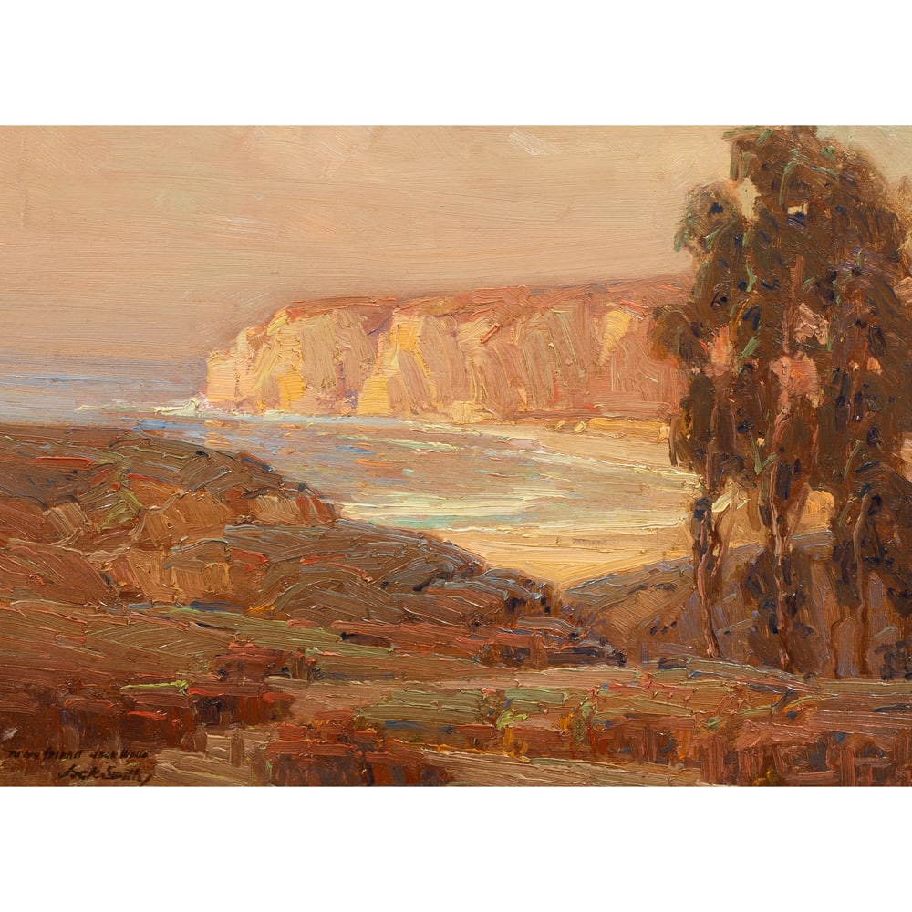 Painting, Jack Wilkinson Smith: Jack Wilkinson Smith (American, 1873-1949), "Point Dume," oil on board, signed and inscribed "to my friend Jack Wells" lower right, board: 12.25"h x 16.25"w, overall (with frame): 17"h x 21"w