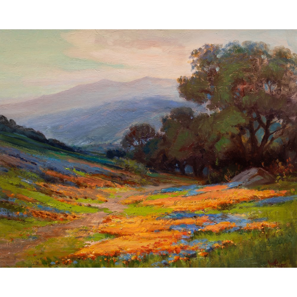 Painting, Arthur Best: Arthur Best (American, 1859-1935), Poppies, oil on board, signed lower right, board: 17.5"h x 21.5"w, overall (with frame): 22"h x 26"w. Exhibited: "Sacred Mountain: Images of Mt. Diablo and Mt.