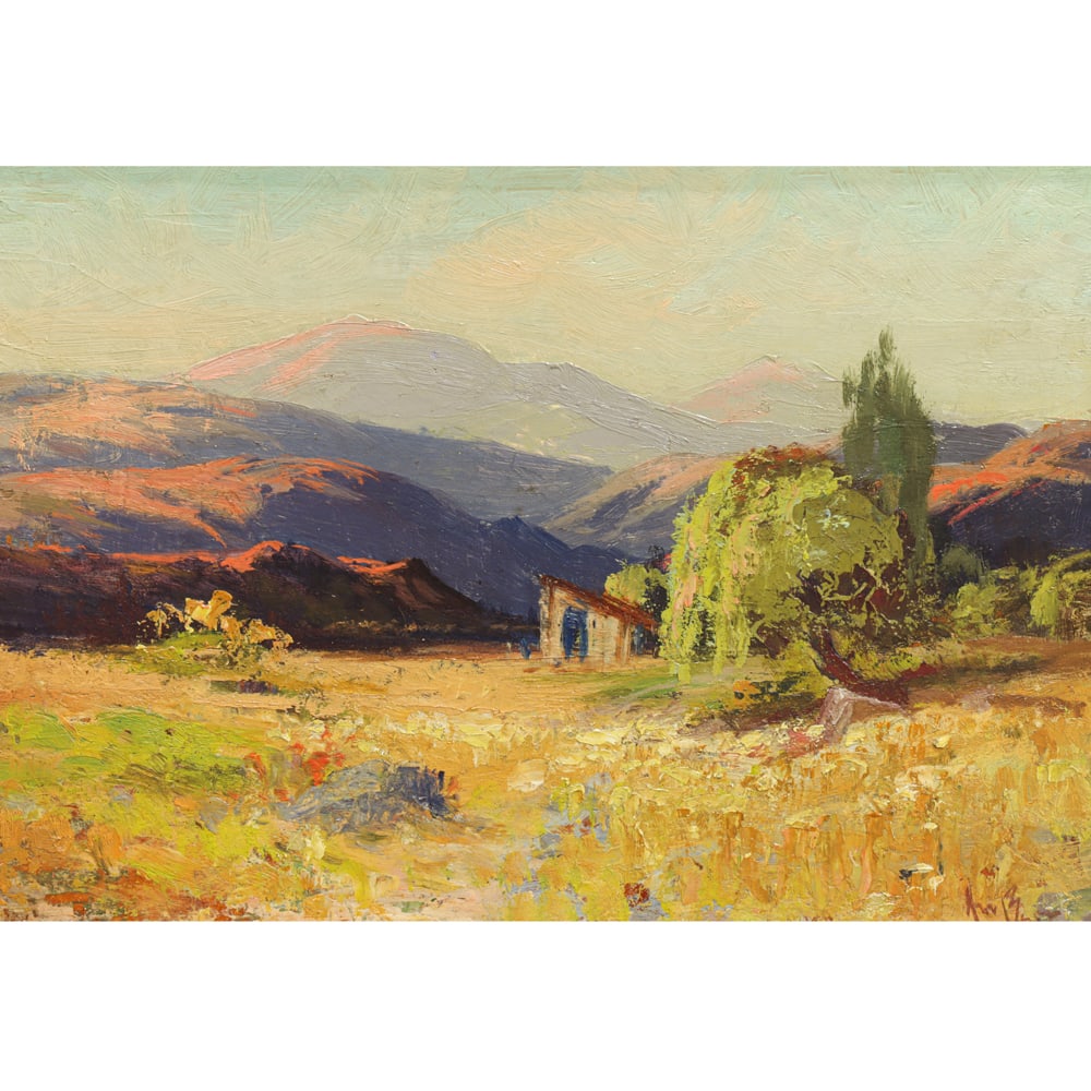 Painting, Arthur Best: Arthur Best (American, 1859-1935), Meadow in the Hills, oil on board, signed indistinctly lower right, board: 10"h x 14"w, overall (with frame): 16.25"h x 20.25"w