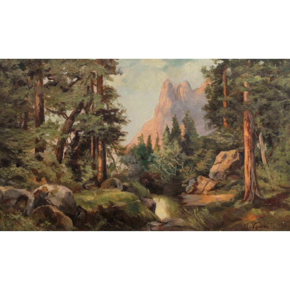 Painting, California School (19th century): California School (19th century), View of the Sierras, 1943, oil on board, signed "M. Voorheis" and dated lower right, board: 13.5"h x 22.5"w, overall (with frame): 21.5"h x 30.5"w