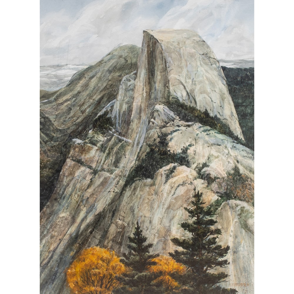 Work on paper, Gerald Brommer: Gerald Brommer (American, b. 1927), "Yosemite Drama," watercolor and collage, signed lower right, artist studio label affixed verso, sight: 29"h x 21.5"w, overall (with frame): 39.5"h x 31.75"w