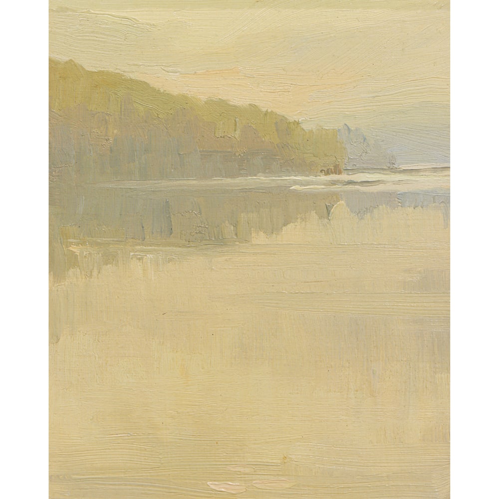 Painting, George Westfall Reynolds: George Westfall Reynolds (American, 1887-1966), "Morning, Lake Paradox," oil on board, artist studio label affixed verso, board: 10"h x 8"w, overall (with frame): 12.5"h x 10.75"w