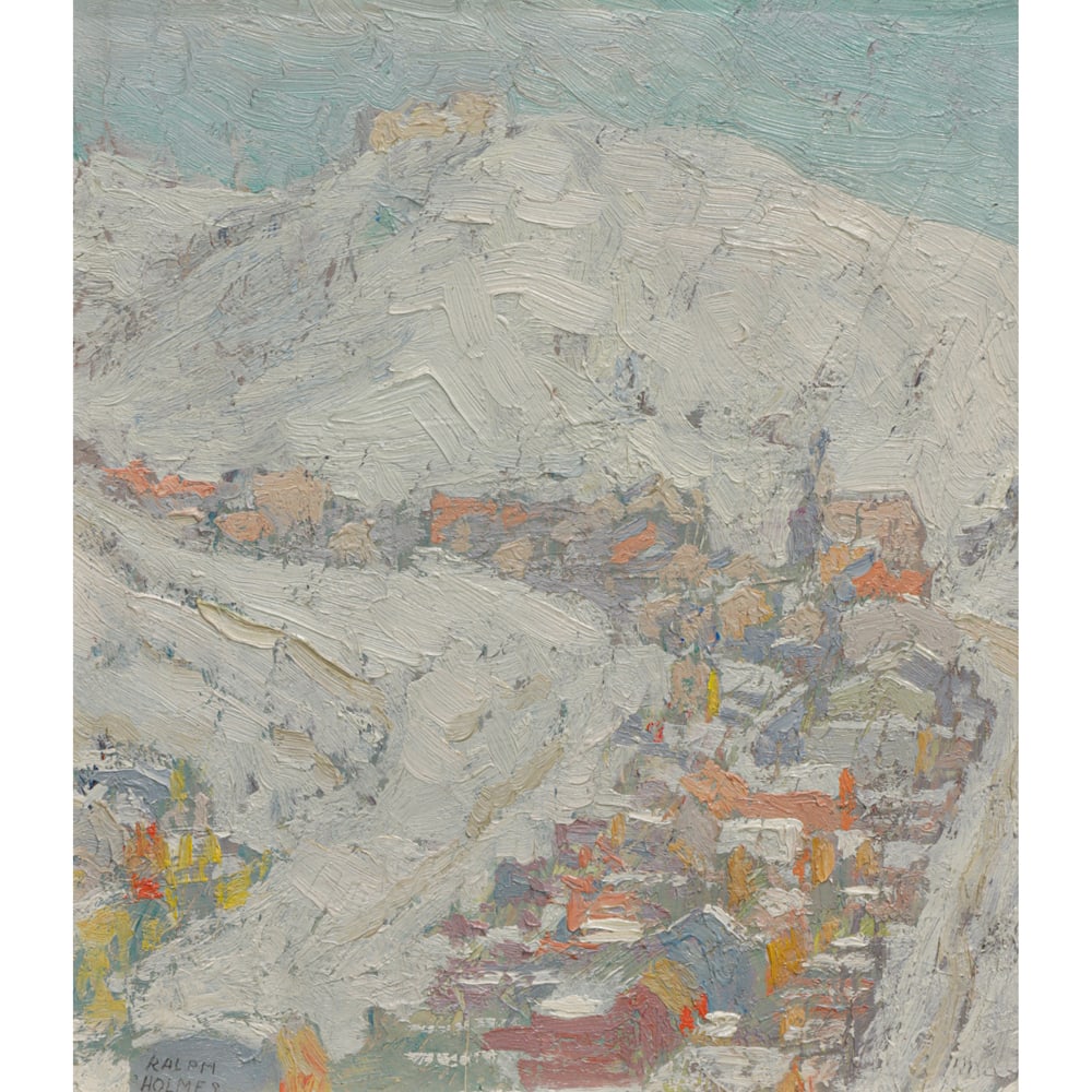 Painting, Ralph Holmes: Ralph Holmes (American, 1876-1963), Untitled (Snowy Mountain Village), oil on board, signed lower left, sight: 9.5"h x 8"w, overall (with frame): 13"h x 11.75"w