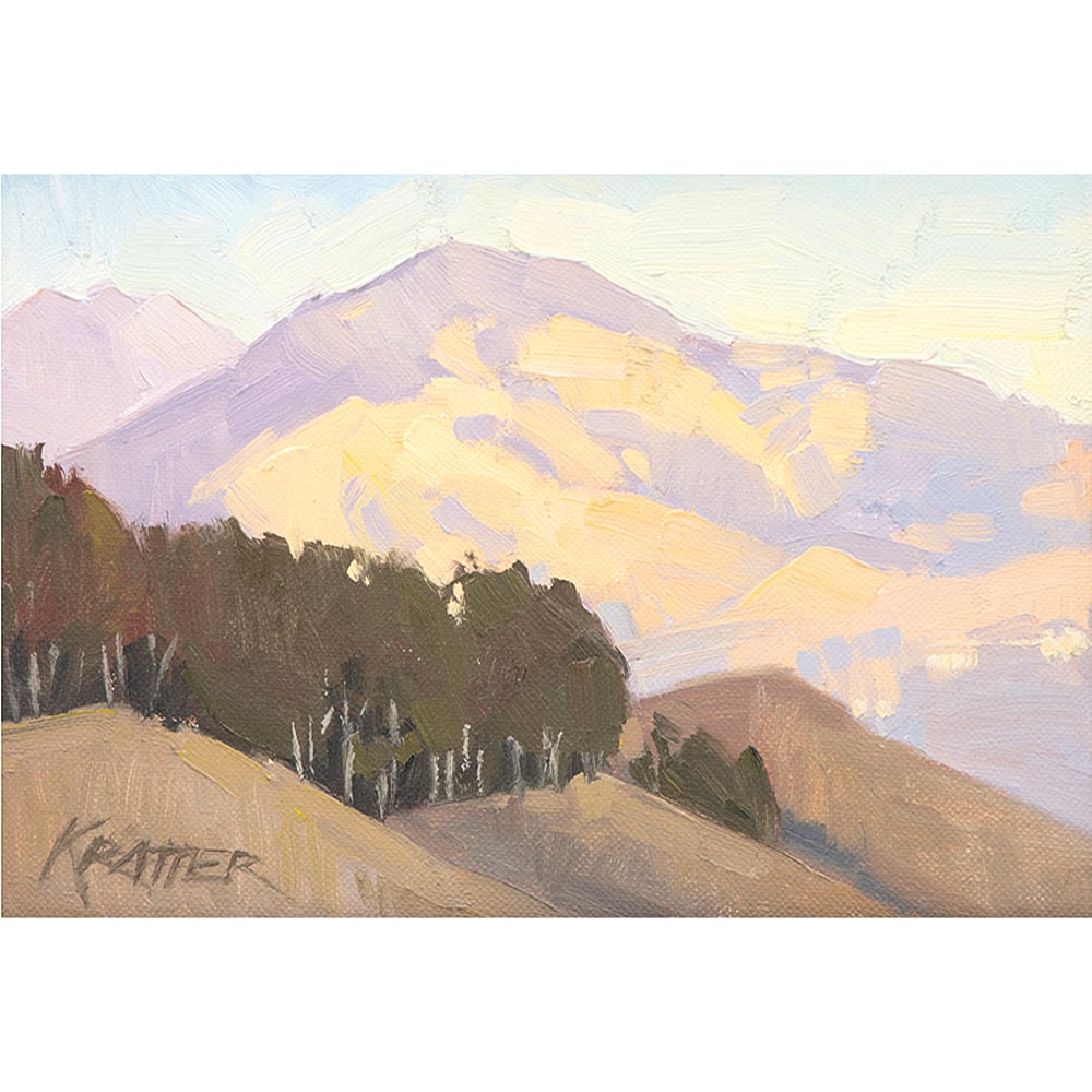 Painting, Paul Kratter: Paul Kratter (American, b. 1956), Untitled (Mountain View), oil on canvas affixed to board, signed lower left, board: 5"h x 7"w, overall (with frame): 8.75"h x 10.75"w