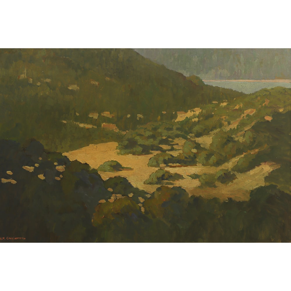 Painting, Jack Cassinetto: Jack Cassinetto (American, 1944-2018), "Sobrante Ridge Area, Briones Reserve," 2004, oil on board, signed lower left, titled and dated verso, board: 24"h x 36"w, overall (with frame): 29.5"h x 41.5"w