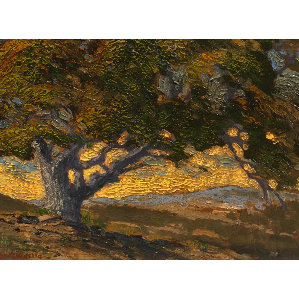 Painting, Jack Cassinetto: Jack Cassinetto (American, 1944-2018), "View of Coast Range," 2010, oil on board in artist-made frame, signed lower left, signed, titled, and dated verso, board: 10.5"h x 14"w, overall (with frame):