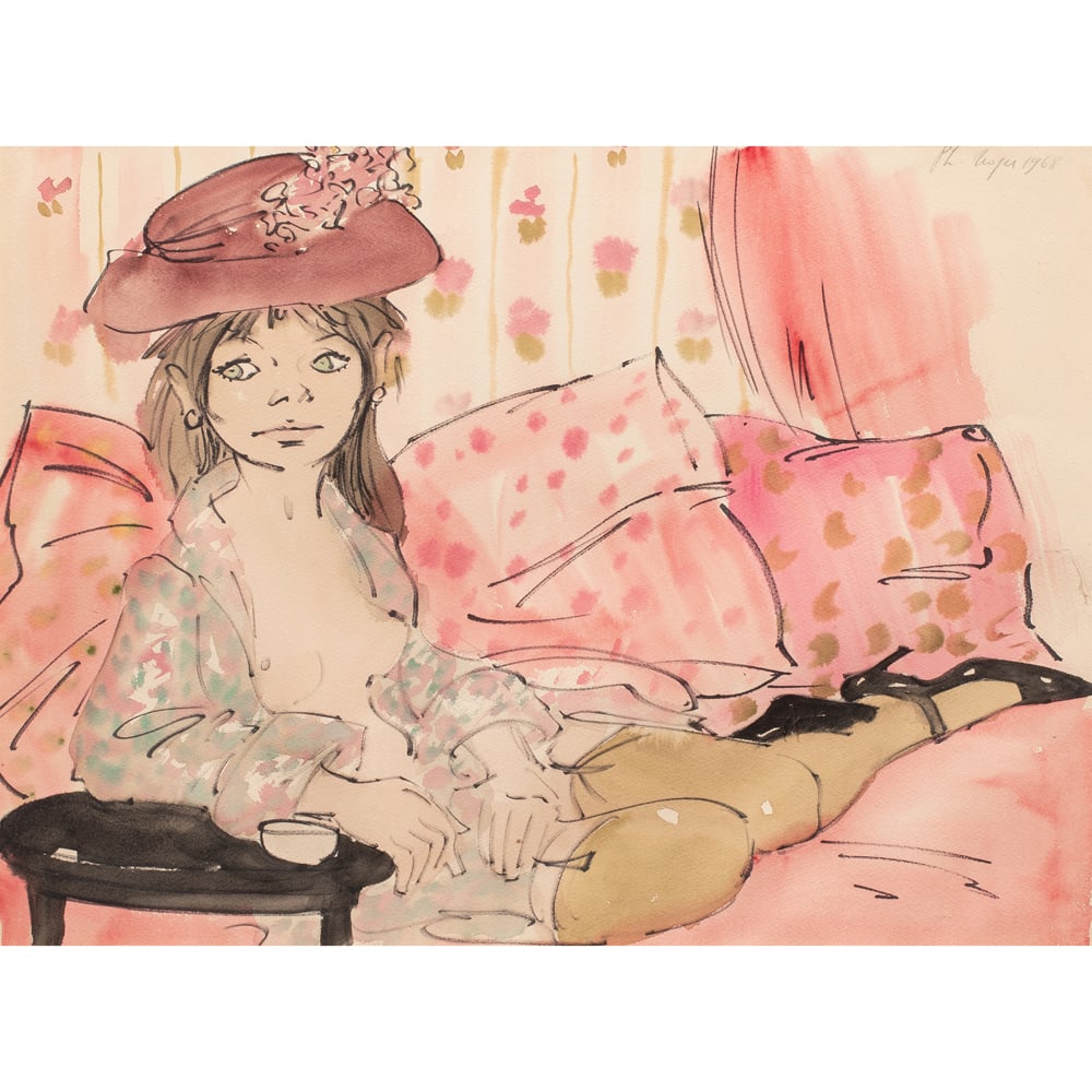 Painting, Philippe Henri Noyer: Philippe Henri Noyer (French, 1917-1985), Untitled (Young Woman at Leisure), 1968, watercolor, signed and titled upper right, sight: 18.75"h x 25.5"w, overall (with frame): 25"h x 31.75"w